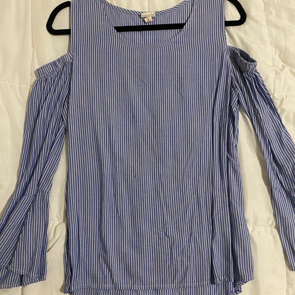 Cut Out Shoulder Blue Stripe Blouse